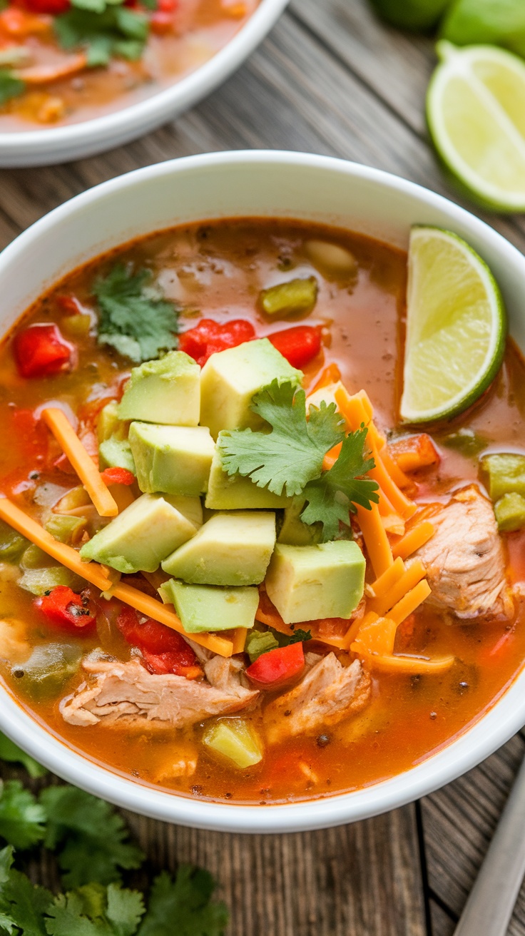 Keto chicken tortilla soup in a bowl topped with avocado, cheese, and cilantro, served with lime on a rustic table.